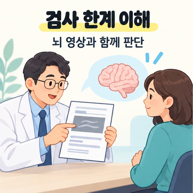 경동맥 검사와 뇌 영상 검사의 차이를 설명하는 일러스트