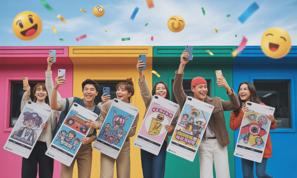 MZ세대가 투표 인증 용지를 들고 SNS에 투표를 독려하는 모습, 다양한 캐릭터와 팬덤 문화가 결합된 창의적인 투표 인증샷 트렌드를 보여줌