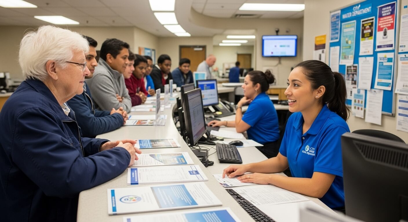 공공기관 민원창구에서 직원과 상담 중인 외국인 노인