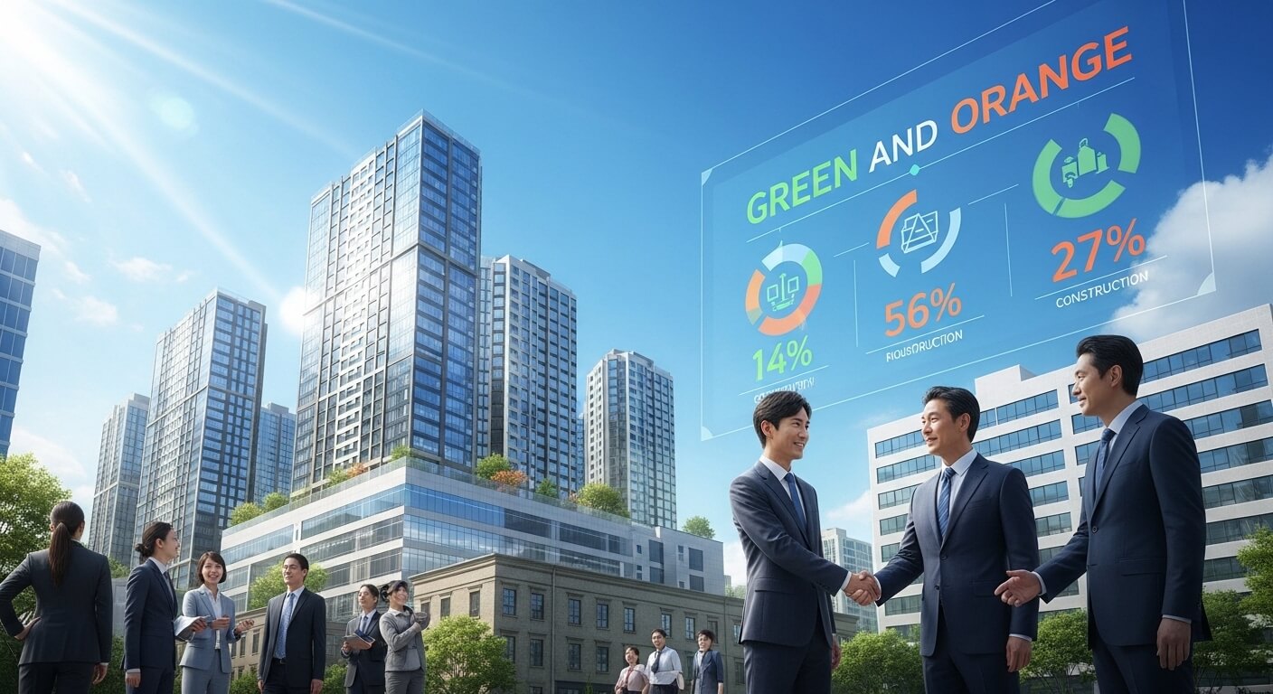 뒤로는 큰빌딩이 있고 사람들이 악수를 하고 있다