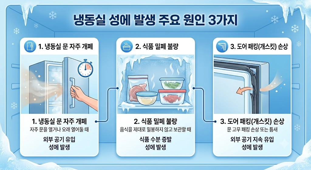 냉동실 성에 발생 원인 세 가지 문 개폐 밀폐 불량 수분 유입 도식