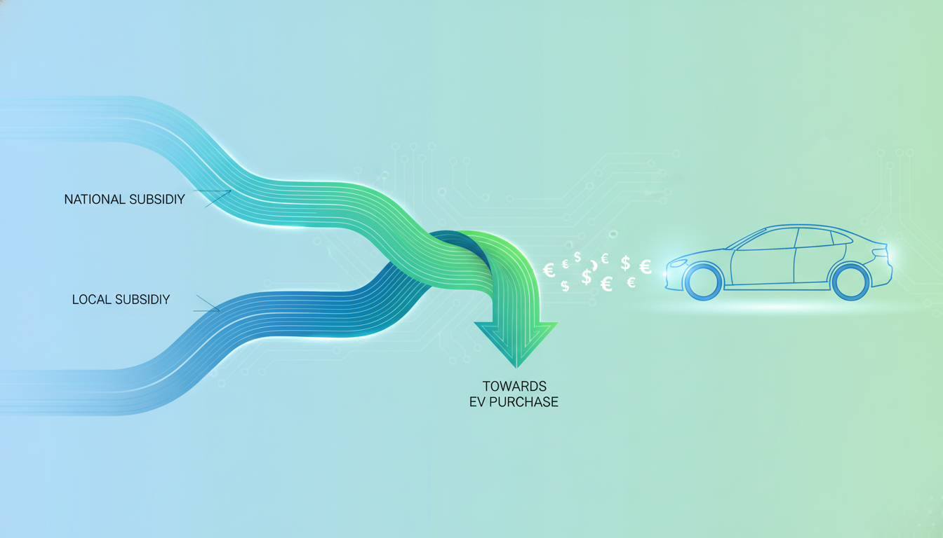 국비와 지자체 보조금이 합쳐져 전기차 구매 비용을 지원하는 과정을 보여주는 깔끔한 인포그래픽.