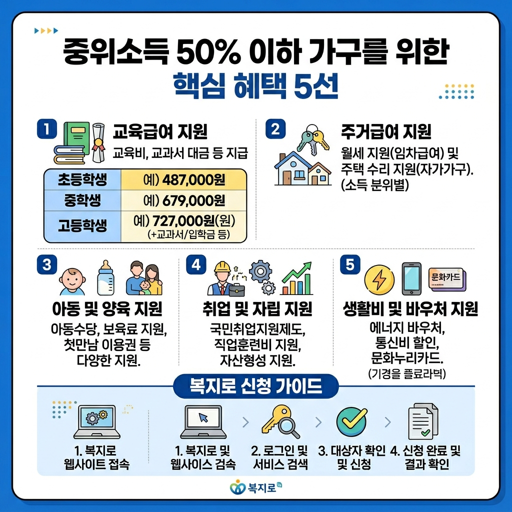 중위소득 50% 이하 혜택 30초 요약 카드