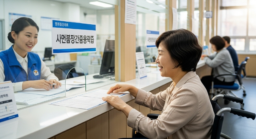 휠체어 탄 시민이 신청 창구에 접근하는 장면
