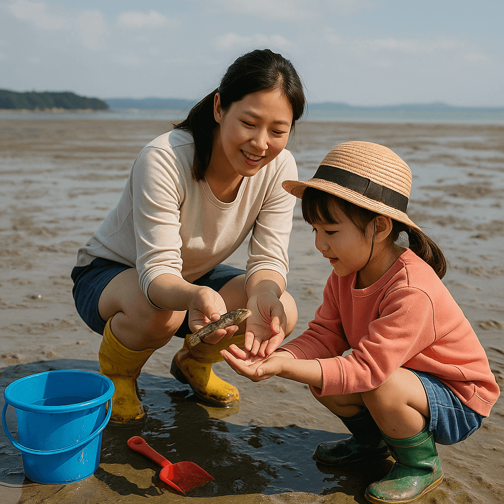 아이와 함께 갯벌 체험하고 있는 사진