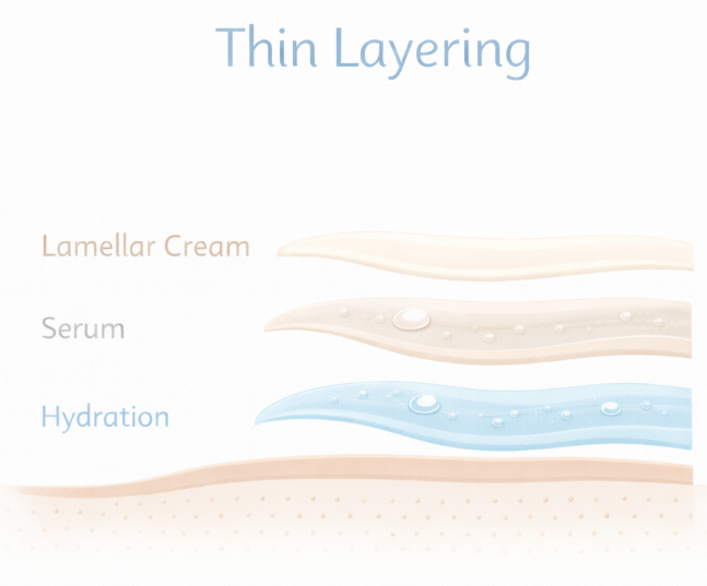 피부 표면 위에 수분층, 세럼층, 크림층이 얇게 쌓이는 Thin 레이어링 구조 설명 이미지