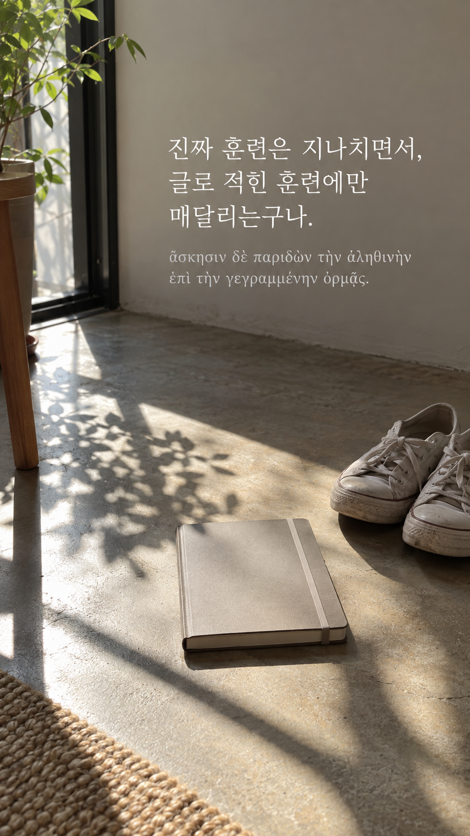 디오게네스 명언 17 진짜 훈련은 지나치면서, 글로 적힌 훈련에만 매달리는구나. 한글과 그리스어 원문이 담긴 세로 사진