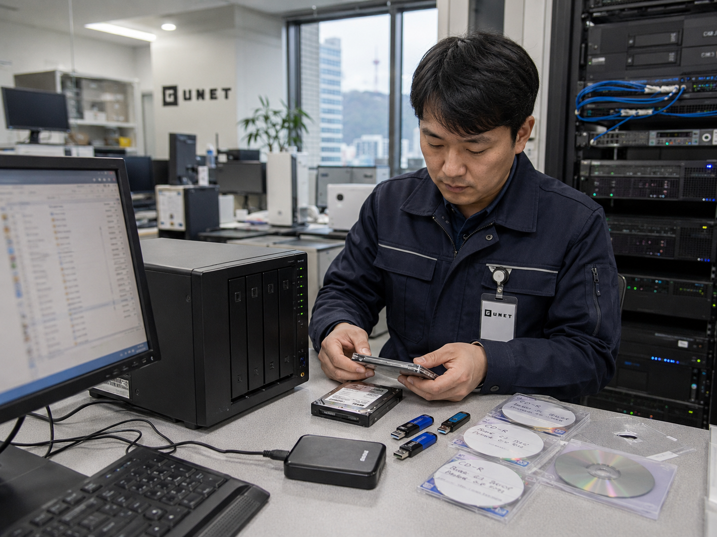 녹취 서버와 NAS 외장하드 USB CD DVD 백업매체를 함께 확인하는 고객센터 데이터파기 준비 장면
