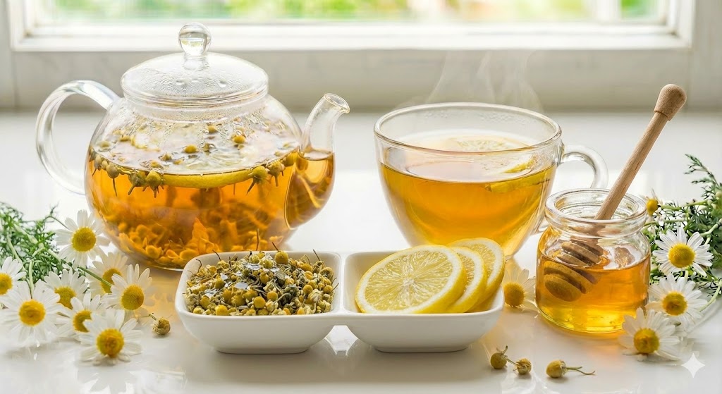살균 작용과 비타민 보충으로 감기 초기 인후염 완화에 좋은 캐모마일과 꿀, 레몬 블랜딩 허브차