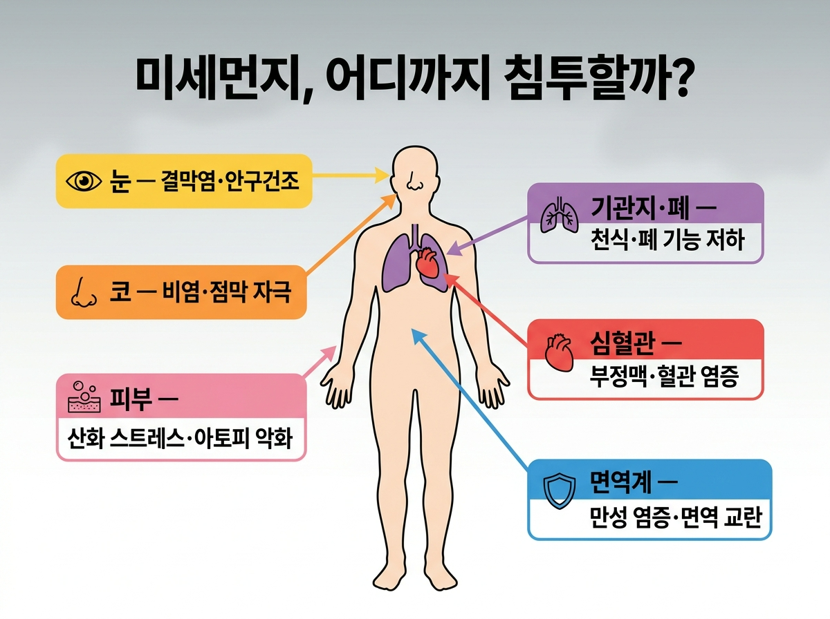 미세먼지 건강영향, PM2.5 신체영향, 초미세먼지 눈코피부, 미세먼지 면역 심혈관, 황사 건강