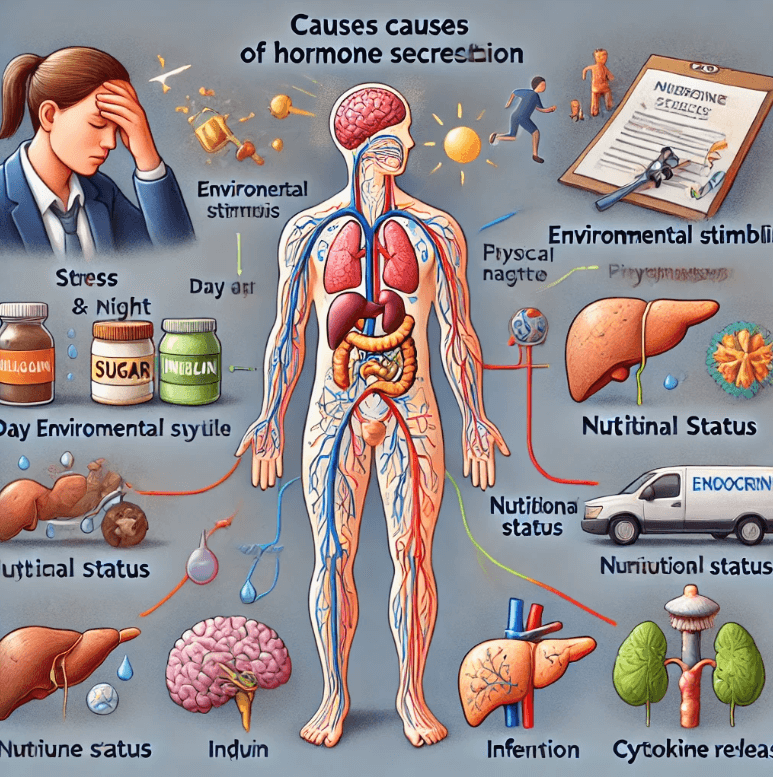 다양한 유발 요인을 내분비계와 시각적으로 연결하여 호르몬 분비의 원인을 설명하는 이미지