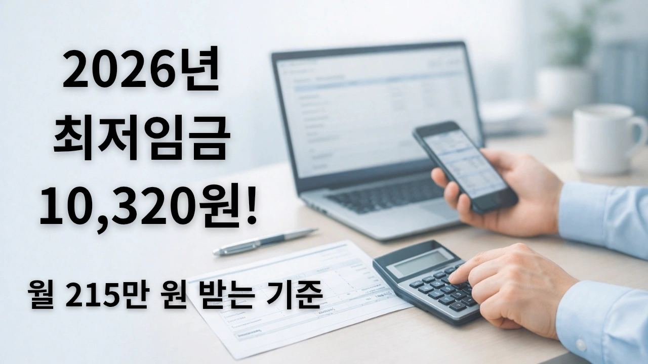 2026년 최저임금 10320원 기준 월 215만원 계산 방법을 확인하는 직장인 모습과 2026년 최저임금 10,320원 썸네일 이미지
