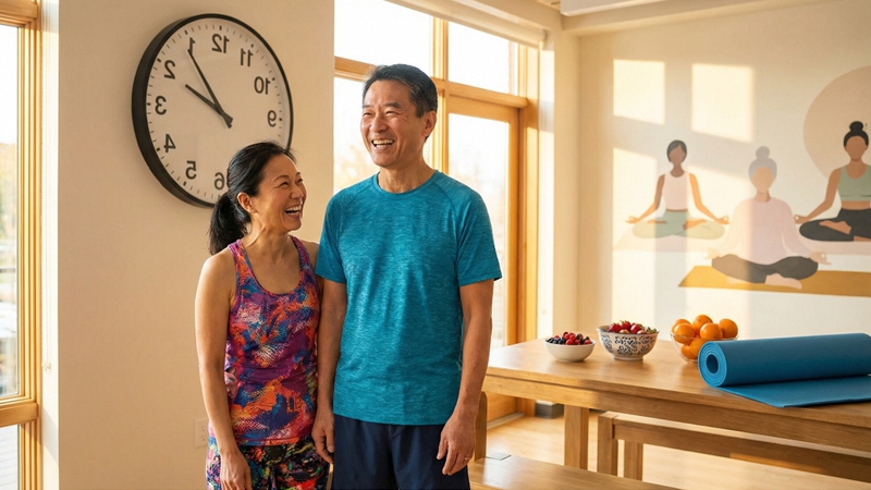 50대 이상 중장년층이 시간을 거스르는 듯한 배경에서 밝게 웃으며 슬로우 에이징 비법을 통해 젊음을 유지하는 모습.