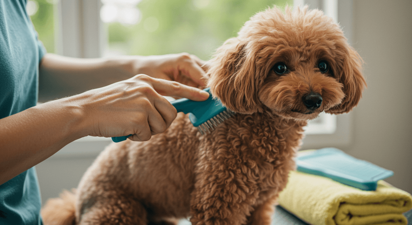 실내에서 빗질받고 있는 댕댕이