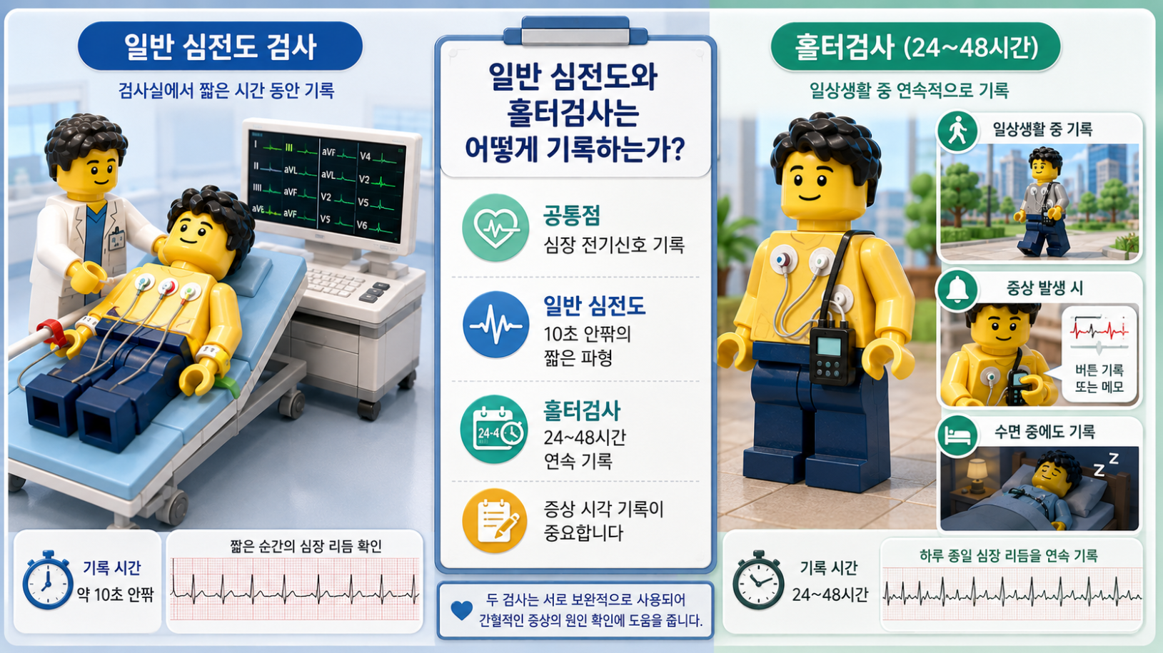 일반 심전도와 홀터검사가 심장 전기신호를 어떻게 기록하는지 비교한 레고 스타일 의료 인포그래픽