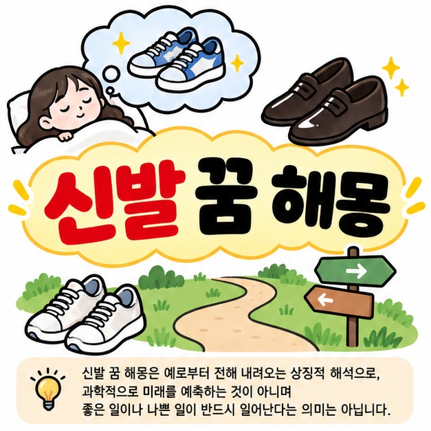 여러 종류의 신발과 길 아이콘 옆에 신발 꿈 해몽 문구를 크게 보여주는 대표 카드