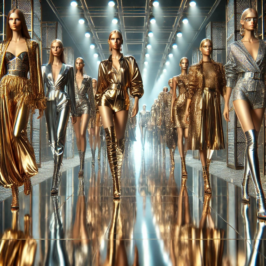 금색과 은색을 중심으로 한 화려한 메탈릭 룩의 런웨이