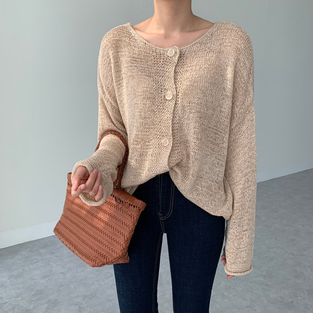 934 여성 여름 루즈핏 시스루 그물 긴팔 크롭 니트 가디건 여리여리 흰색 검정 봄 가을