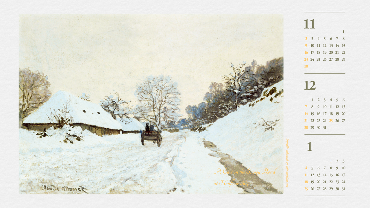 01 옹플뢰르의 눈 덮인 길위의 수레 B - 2025년12월 노트북배경화면