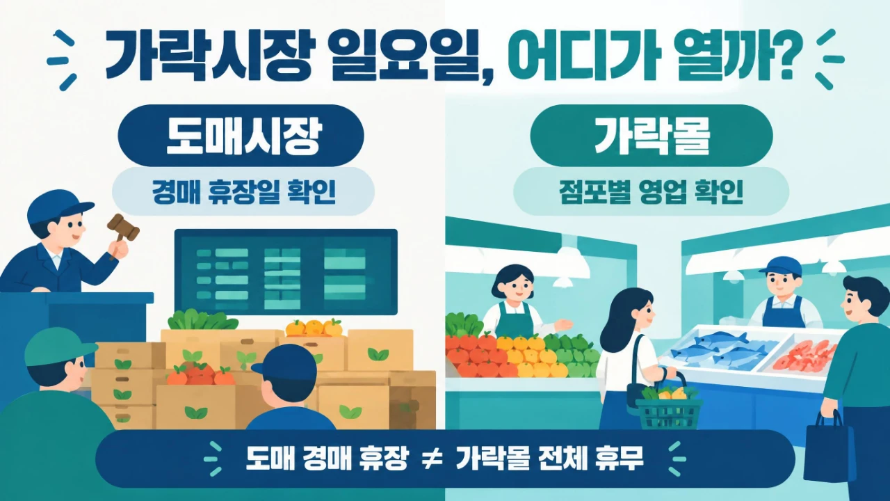 가락시장 일요일 도매 경매 휴장과 가락몰 일반 점포 영업 차이를 설명하는 이미지