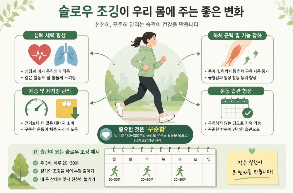 심폐 체력과 하체 근육, 운동 습관 형성을 연결해 보여주는 슬로우 조깅 인포그래픽