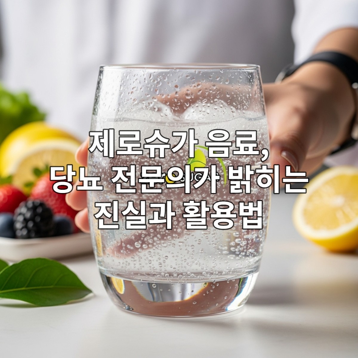 시원한 제로슈가 탄산음료와 건강한 과일이 놓인 식탁, 당뇨 전문가의 균형 잡힌 시선을 상징.