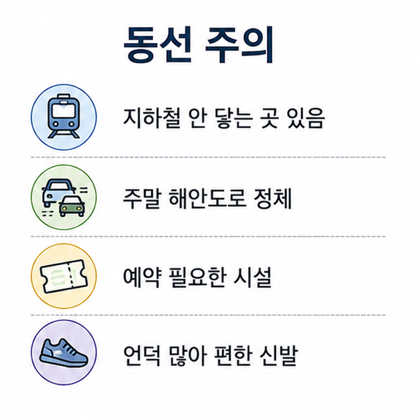 부산 여행 동선 주의사항, 지하철 미연결 구간과 주말 정체, 예약 필요 시설을 정리한 체크리스트