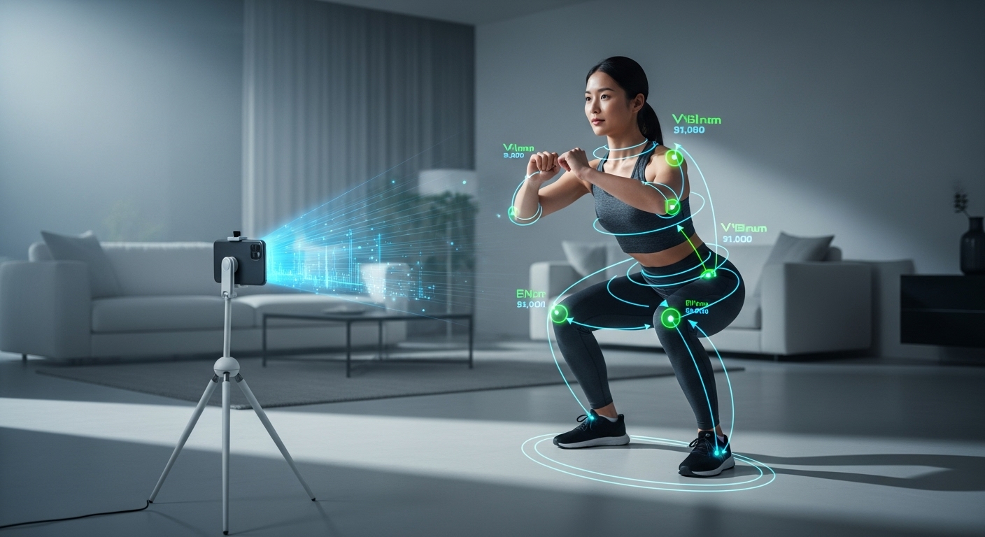 AI 코칭 앱을 통해 자세를 교정받으며 홈트레이닝을 하는 사람의 미래적인 모습