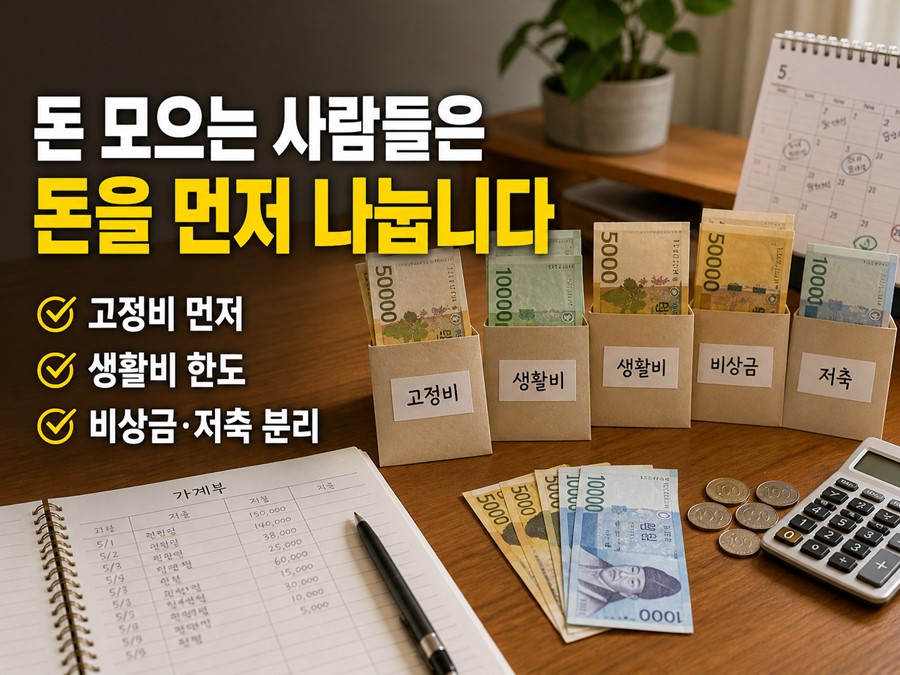 월급을 고정비, 생활비, 비상금, 저축으로 먼저 나누는 돈 모으는 사람들의 습관을 보여주는 체크리스트형 이미지입니다.