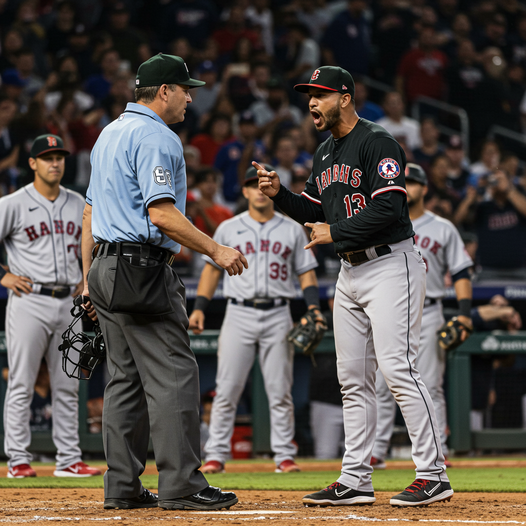 심판에게 강력하게 어필하는 야구감독