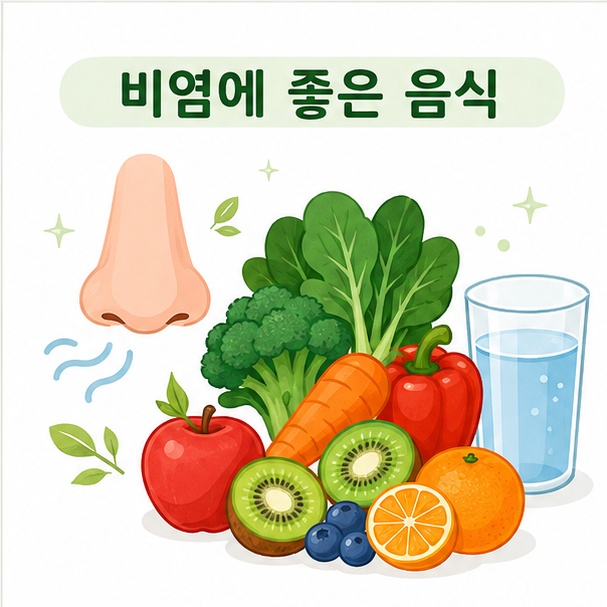 코와 채소, 과일, 물컵 아이콘을 배경으로 &lsquo;비염에 좋은 음식&rsquo;이라는 제목을 표시한 건강 정보 이미지