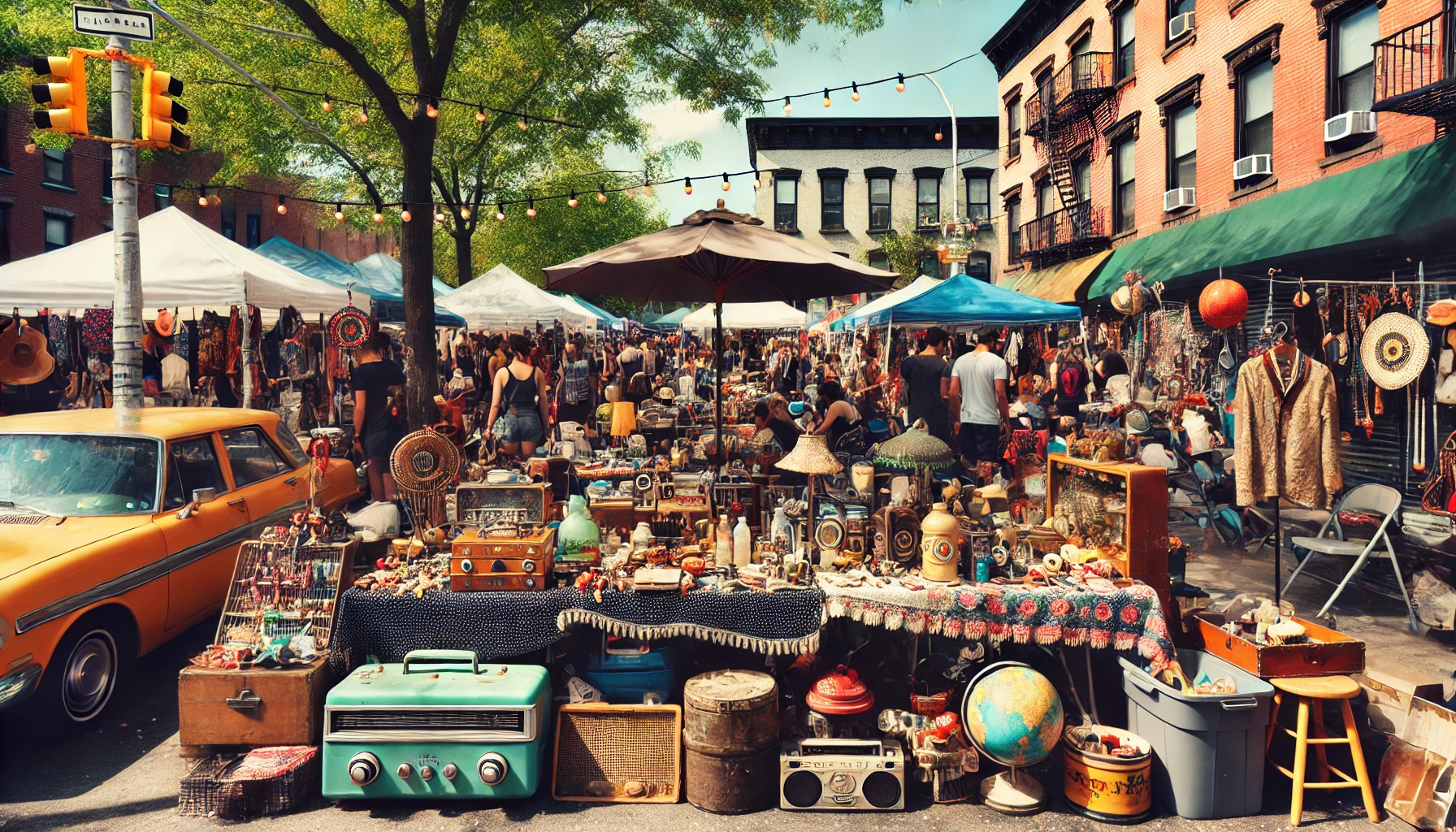 브루클린 플리마켓의 빈티지 소품, 거리 음식, 사람들로 북적이는 풍경