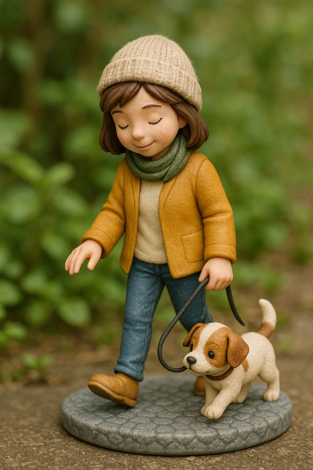 나노바나나 사용법, 피규어 이미지 생성 프롬프트 예제, 작은 강아지와 함께 있는 피규어, 산책 중인 모습, 반려동물과 교감하는 따뜻한 분위기