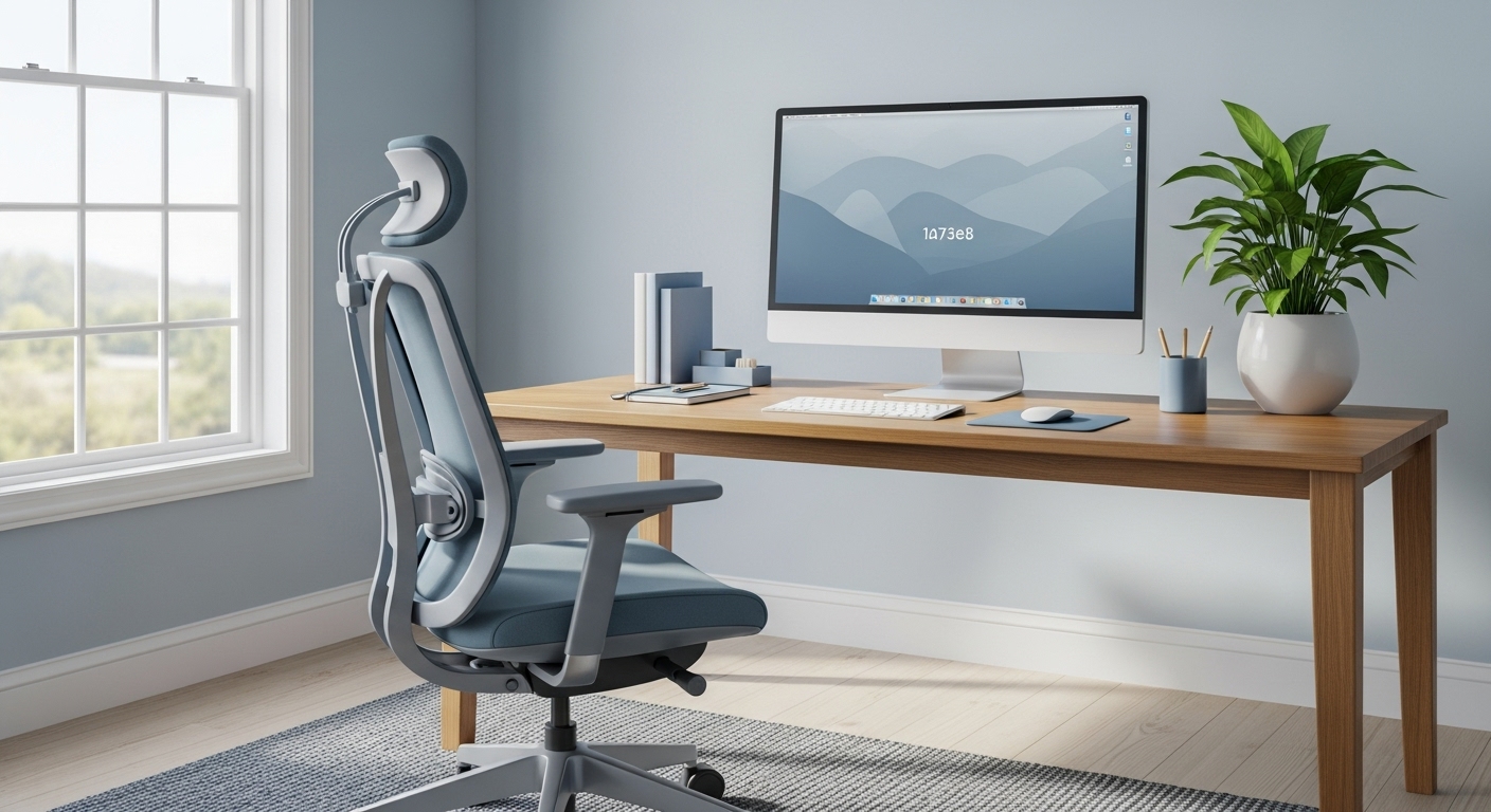 밝은 자연광이 들어오는 깔끔하게 정리된 홈 오피스 작업 공간