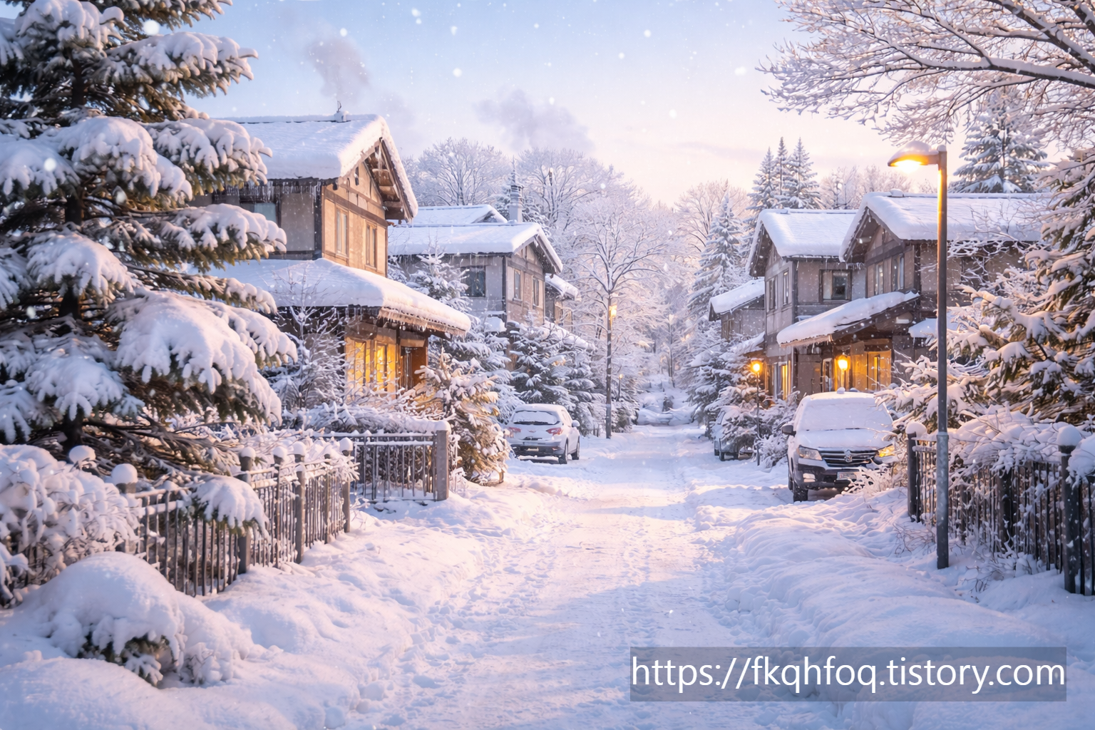 눈이 많이 내리는 겨울 주택가 이미지