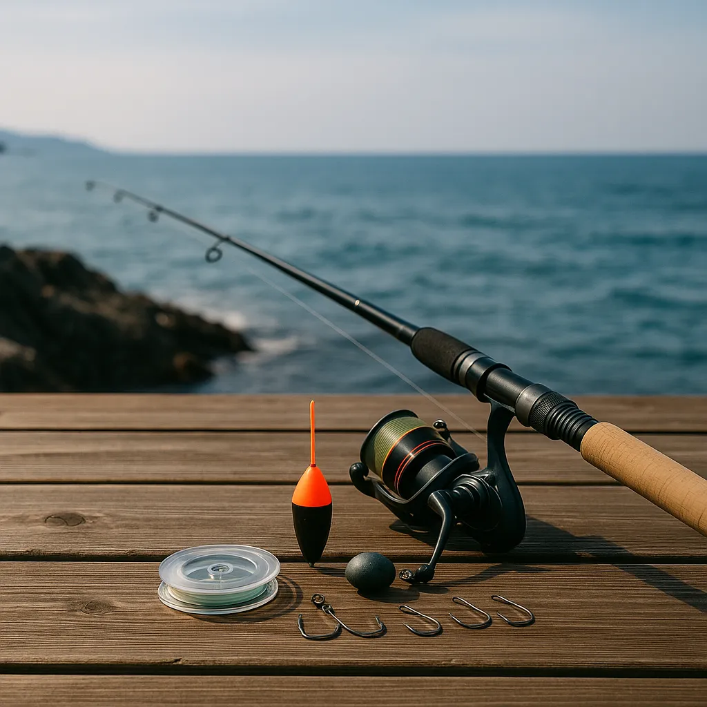 나무 데크 위에 정리된 바다 찌낚시 채비
