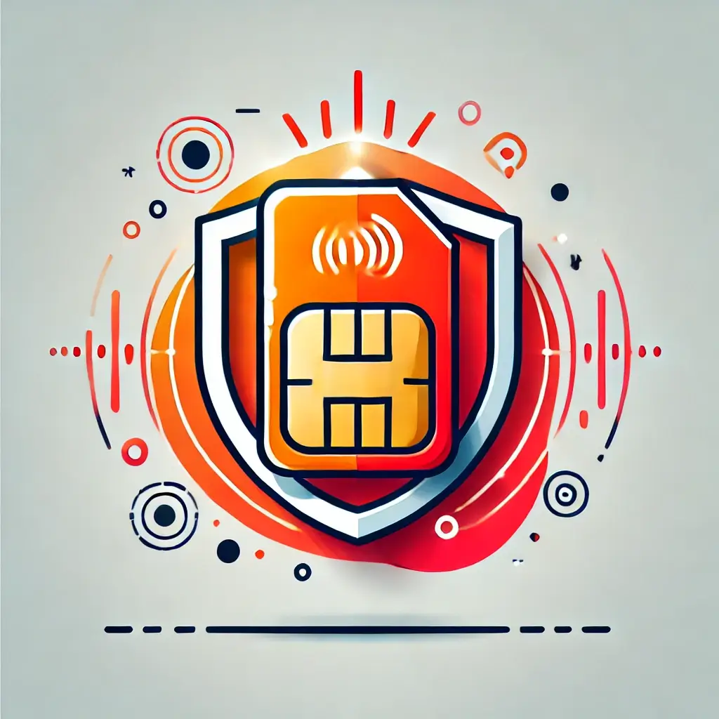 SK텔레콤 색상의 방패가 SIM 카드 위에 빛나며 보안을 상징하는 일러스트