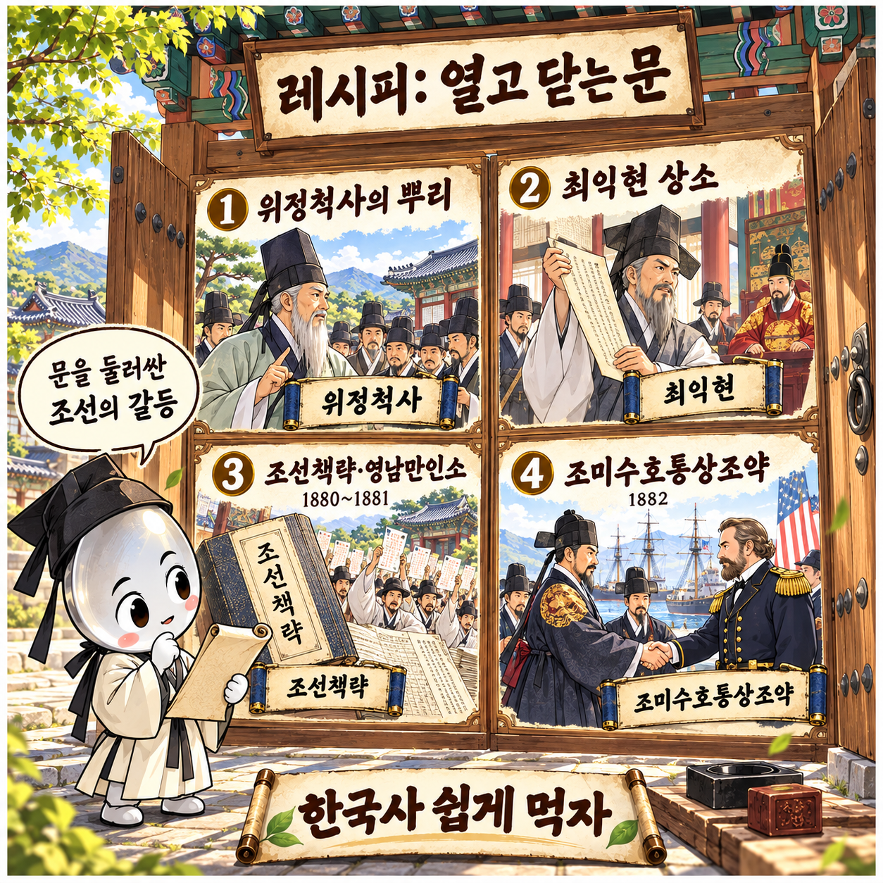 위정척사 운동과 조미수호통상조약을 레시피 형식으로 요약한 인포그래픽 이미지