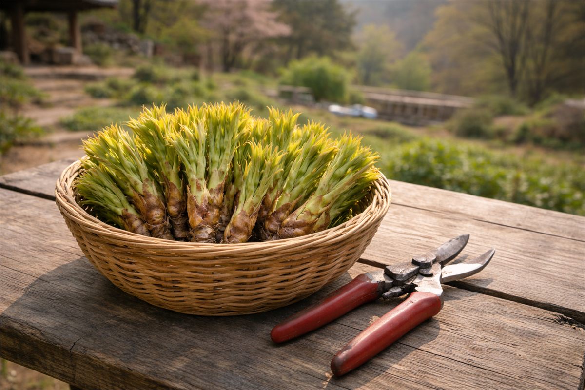 갓 딴 엄나무순이 담긴 바구니와 전지가위가 놓인 시골 마당 