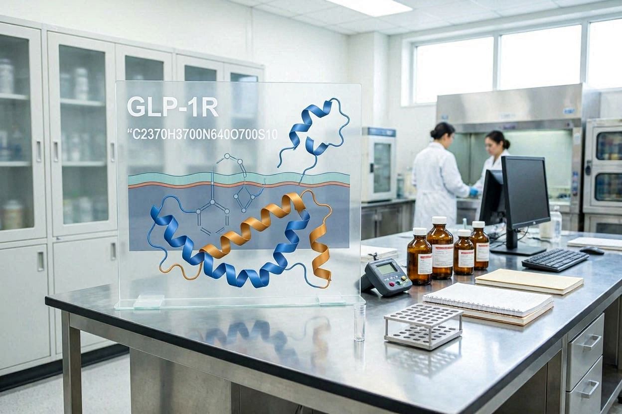 GLP-1 수용체의 화학식을 제약회사 연구실의 모습을 배경으로 표현