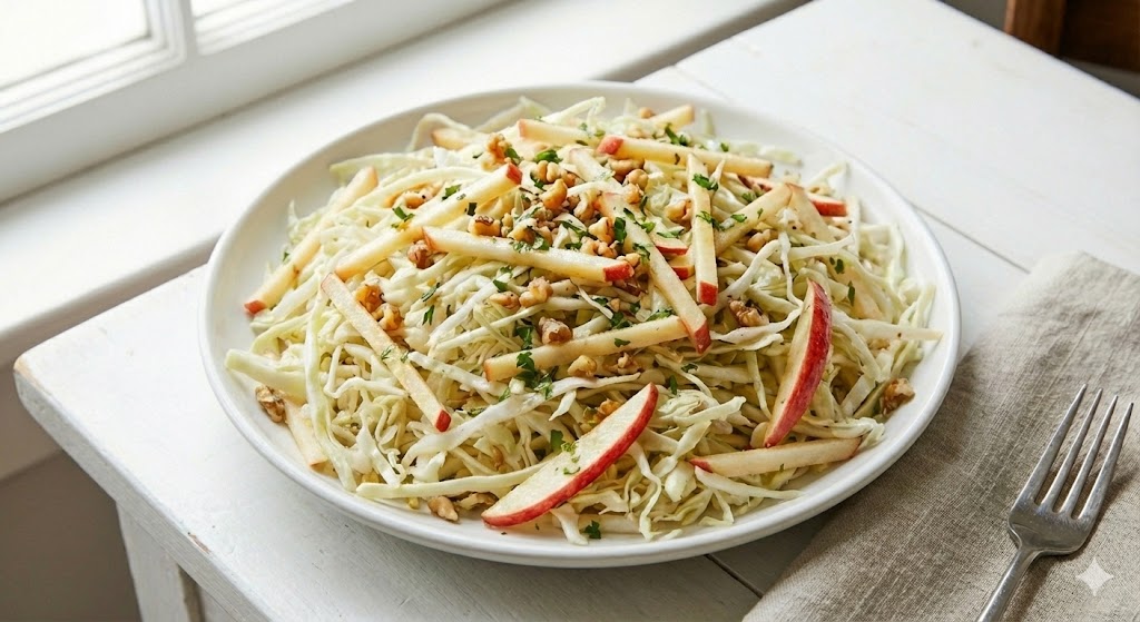 결이 살아있는 얇은 채썰기로 아삭한 식감을 극대화한 신선하고 가벼운 양배추 샐러드