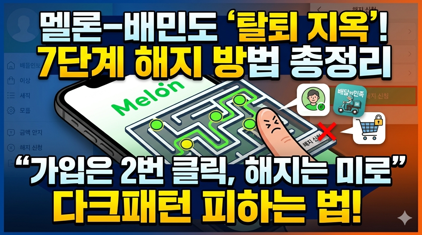 스마트폰 화면 속에 복잡하게 얽힌 미로와 그 안에 숨겨진 작은 '해지 신청' 버튼을Frustrating한 표정의 손가락 아이콘이 찾아가는 모습을 통해, 멜론과 배달의민족 앱 등 대형 플랫폼의 7단계 해지 다크패턴 실태와 아이폰/안드로이드에서 쉽게 해지 및 환불받는 방법을 총정리한 블로그 포스팅 썸네일 이미지.