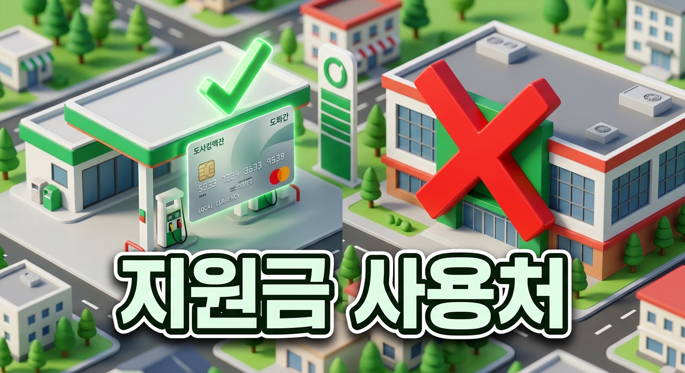 미니어처 주유소에서는 빛나는 지역화폐 카드로 초록색 체크마크와 함께 결제가 승인되고, 대형 마트 건물은 커다란 빨간색 X 기호로 차단된 3D 일러스트 배경에, 짙은 그림자와 외곽선으로 선명하게 강조된 '지원금 사용처'라는 한글 문구가 중앙에 적힌 이미지