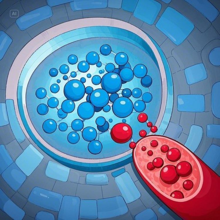 혈관 내부를 보여주는 의학적 일러스트레이션에서 큰 LDL 입자와 작은 LDL 입자가 대비되어 표현된 모습. 큰 입자는 푸른색으로 무해하게, 작은 입자는 붉은색으로 염증을 일으키는 모습으로 시각화. 배경은 깨끗하고 전문적인 의료 인포그래픽 스타일.