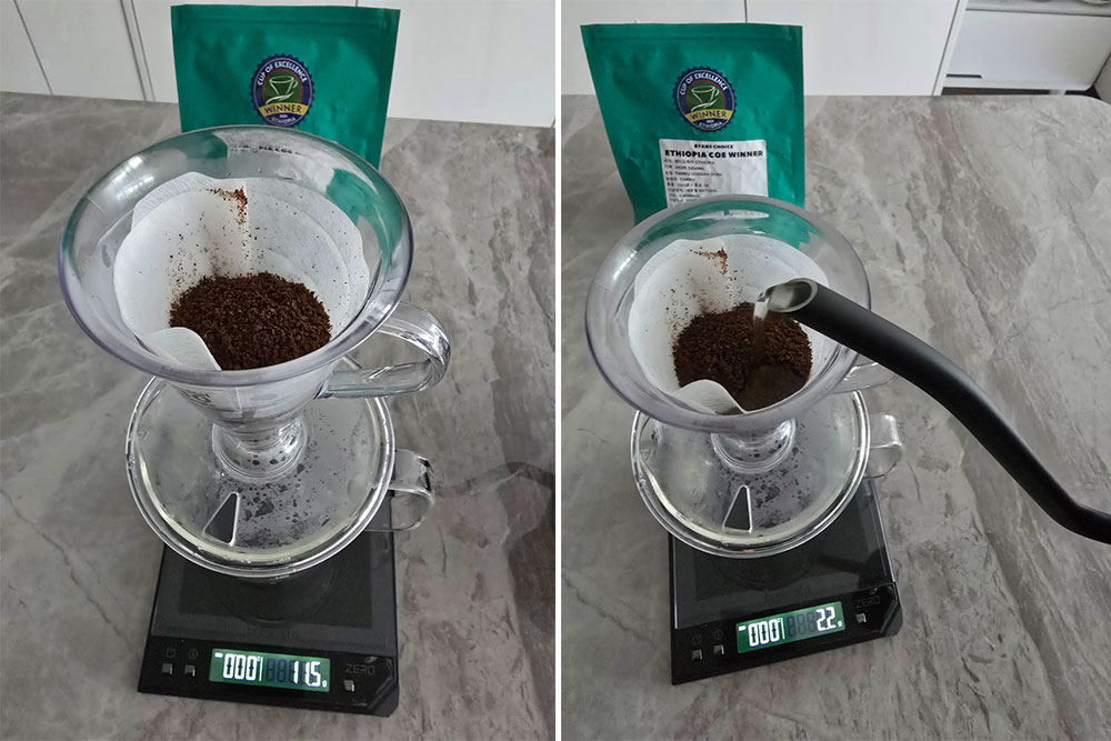 물을 붓는다. 브루잉 시작