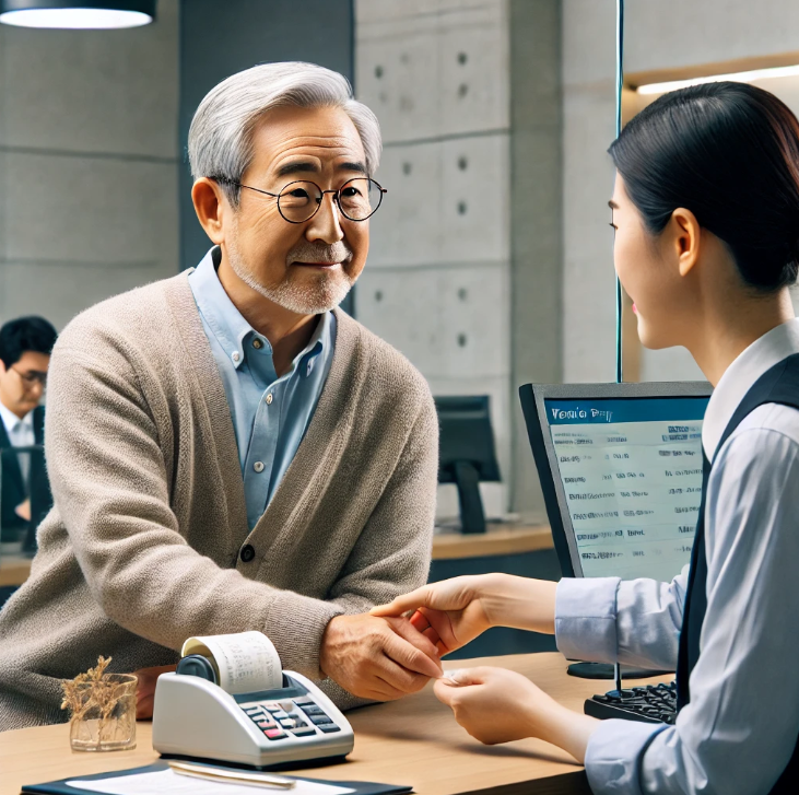 은행 직원과 연금을 수령하는 노인