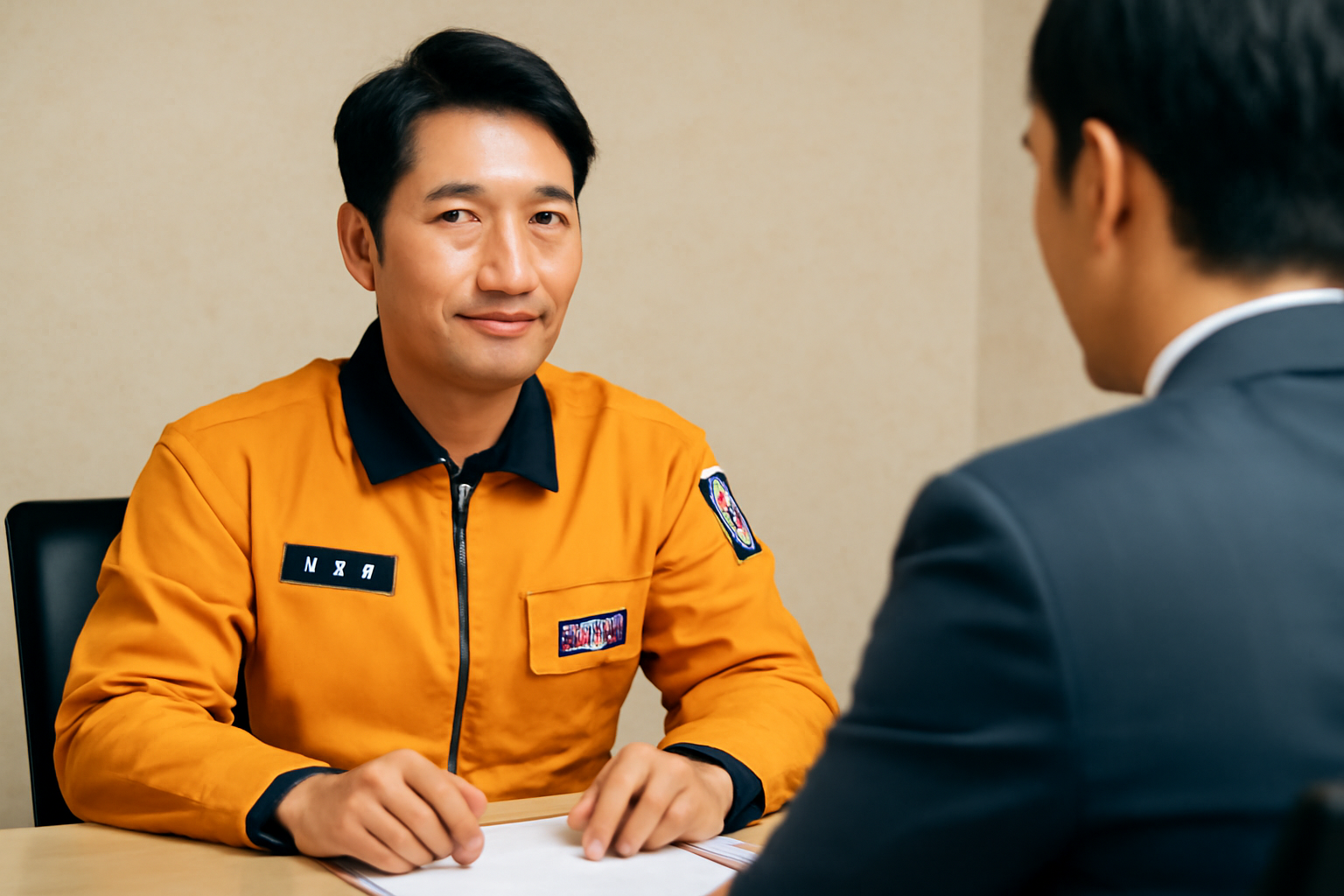 한국-소방관-주황색-유니폼을-입고-인터뷰를-받고-있음-집중한-눈빛으로-인터뷰어를-응시하며-편안하게-앉아-있음-배경은-중립적이며-조명은-유니폼의-대비를-강조함-소방관은-자세가-정돈되어-있고-두-손은-테이블에-편안하게-올려져-있음
