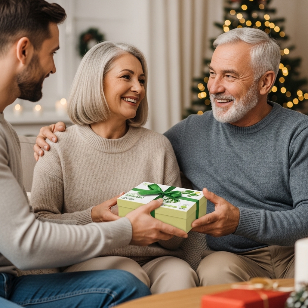 연말연시, 따뜻한 거실에서 딸이 부모님께 건강 기능식품 선물을 드리는 행복한 순간
