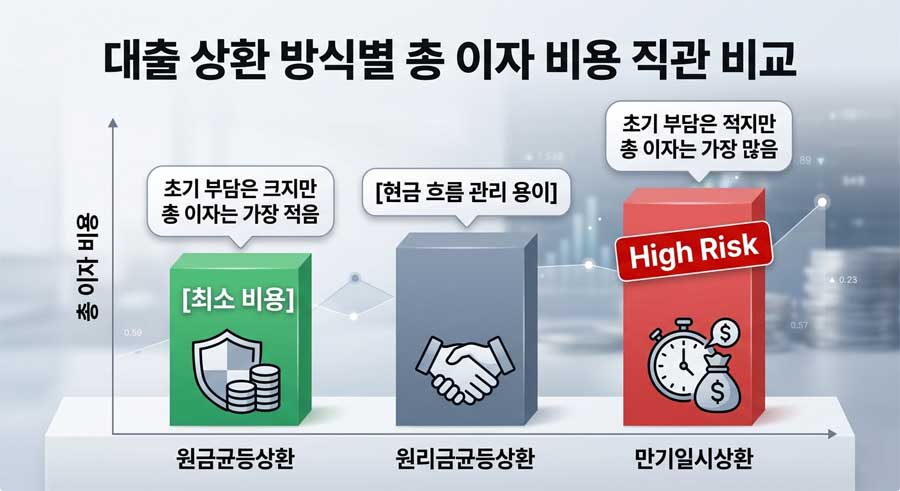대출이자 계산기 기준 원금균등상환 원리금균등상환 만기일시상환 총이자 비용 구조 비교