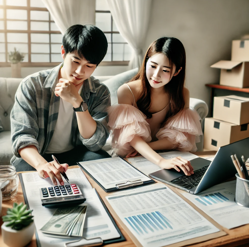 부부가 함께 세금을 계산하며 재정을 관리하는 모습
